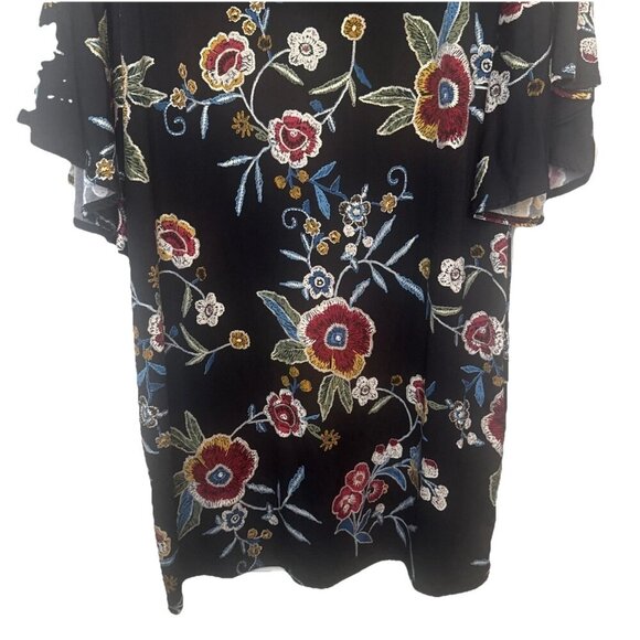 Olivia Matthews Black Colorful Floral Tunic Dress 3/4 Bell Sleeve Sz L Stretch - Picture 3 of 7